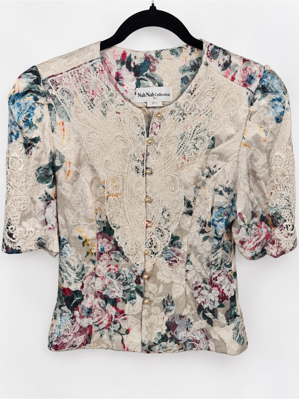 Vintage 1980s Nah Nah Floral Lace Blouse Romantic Cottagecore Pearl Button 7/8